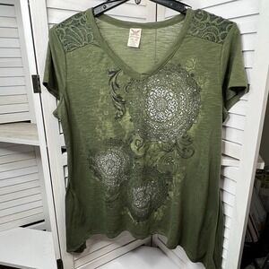 Faded Glory Green‎ Lace Shoulder Tee XXL 20 Mandala Print Sea Turtle Green
